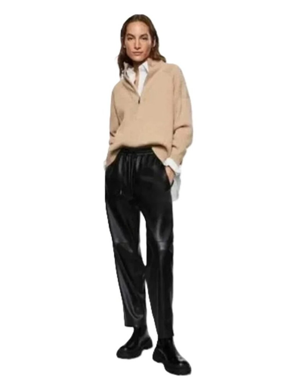 Mango Black Leather Effect Elastic Waisted Pull On Trousers Size L